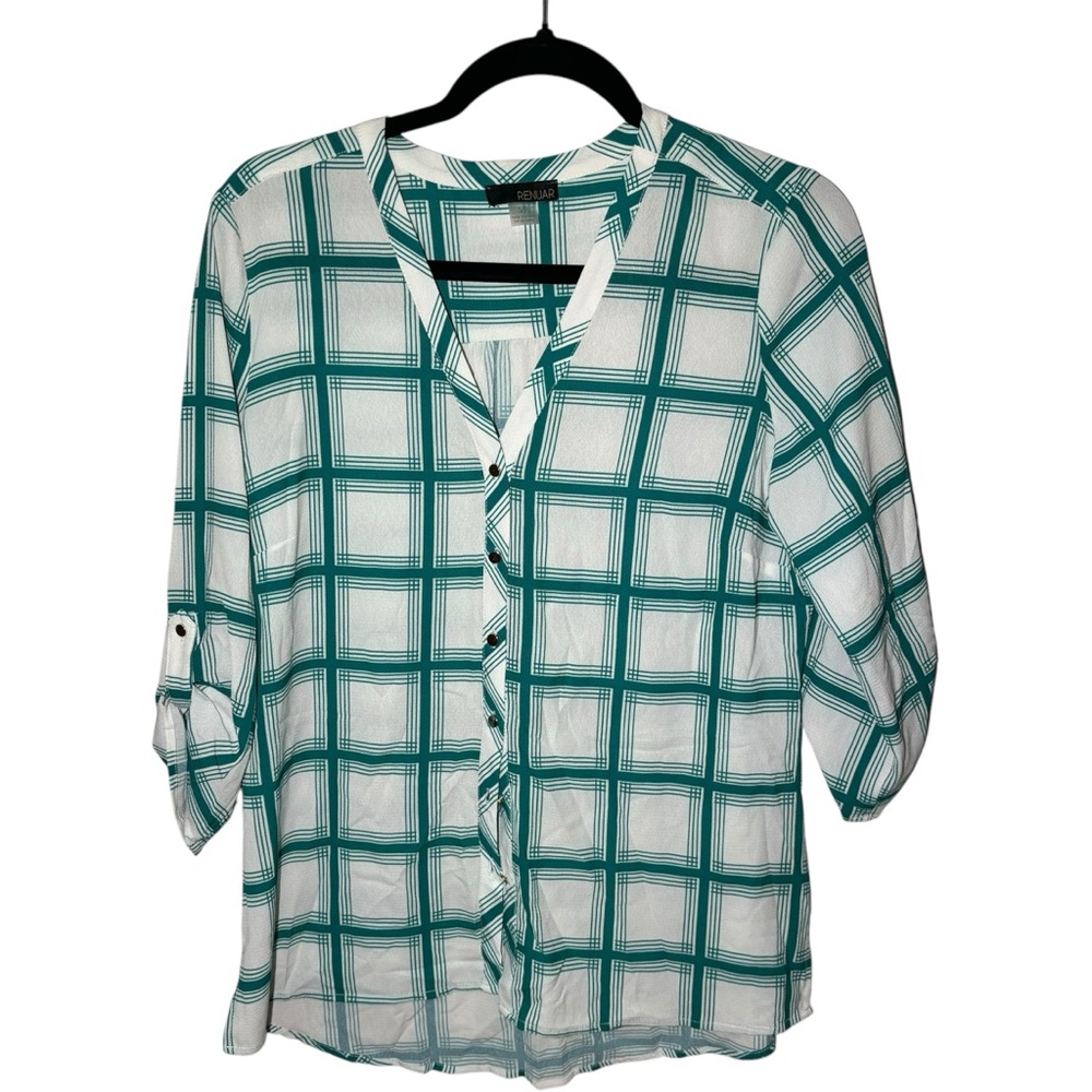 Renuar Women's Small Button Down Plaid 3/4 Length Sleeves Gridlines V Neck Top - Picture 1 of 6